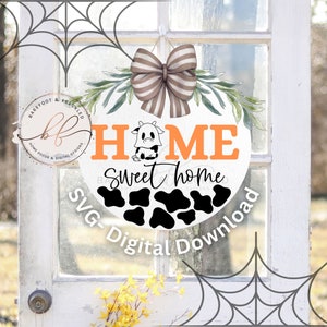 SVG/PNG - Halloween Home Sweet Home com vaca fantasma e cabide de porta com estampa de vaca SVG, cabide de porta de Halloween, Halloween ocidental, vaca, arquivo Cricut