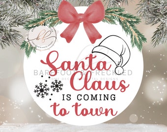 SVG/PNG- Santa Claus is coming to town Door Hanger Design, Santa Hat, Snowflakes, Christmas Door Hanger Quote