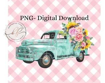 Vintage Truck with Flowers PNG, Pink Gingham Sublimation Design (Digital Download)