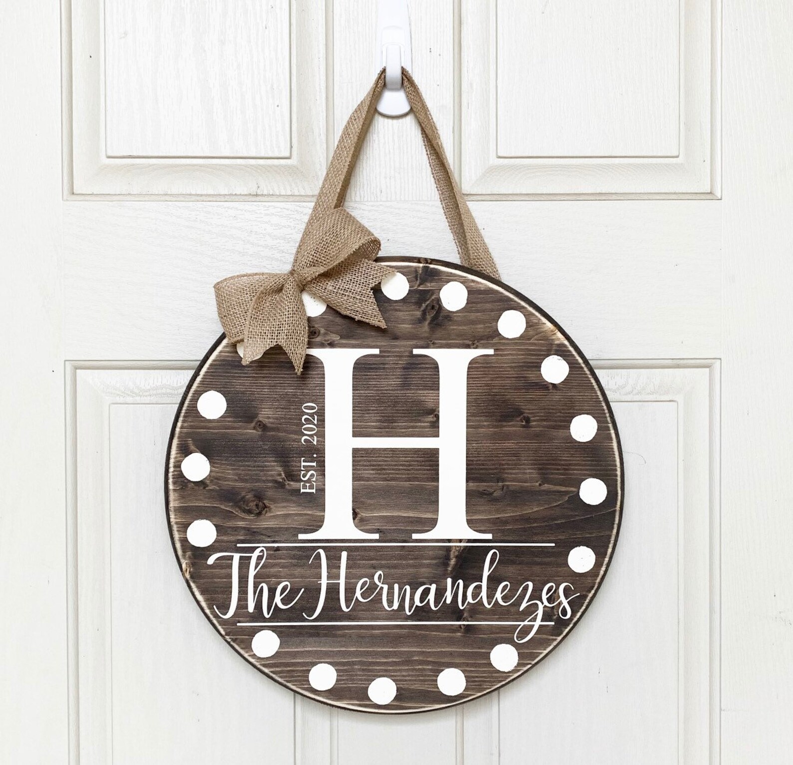 Wooden Round Door Hanger customized with Last Name and Est. Etsy