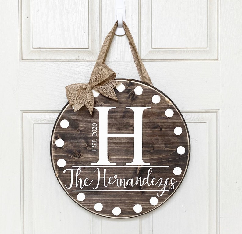 Wooden Round Door Hanger customized with Last Name and Est. Etsy