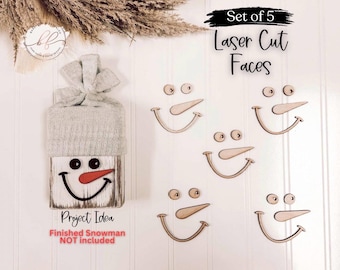 Laser Cut Set of 5 Wooden Snowman Faces, Wood Craft, Snowman Cutout, Christmas Wood Blank, Snowman Face Craft Blanks, Snowman