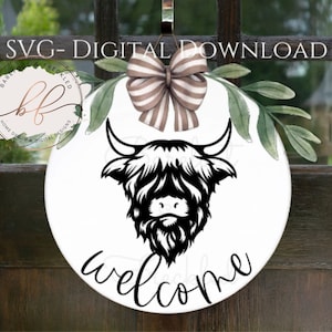 Welcome Highland Cow Door Hanger SVG, Door Hanger svg, Cow Head svg, Cow svg, Welcome svg