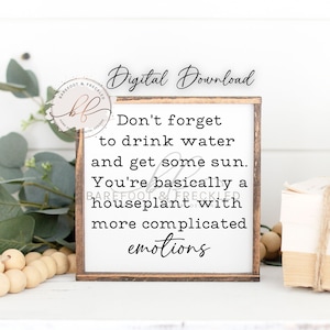 May include: A white wooden sign with a brown frame, featuring the text "Don't forget to drink water and get some sun. You're basically a houseplant with more complicated emotions."