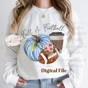 PNG- Fall and Football, Cute Fall Sublimation, Pumpkin/Coffee/Football, Cute Football Season Design, Sublimation, Printable, Fall Tee Design