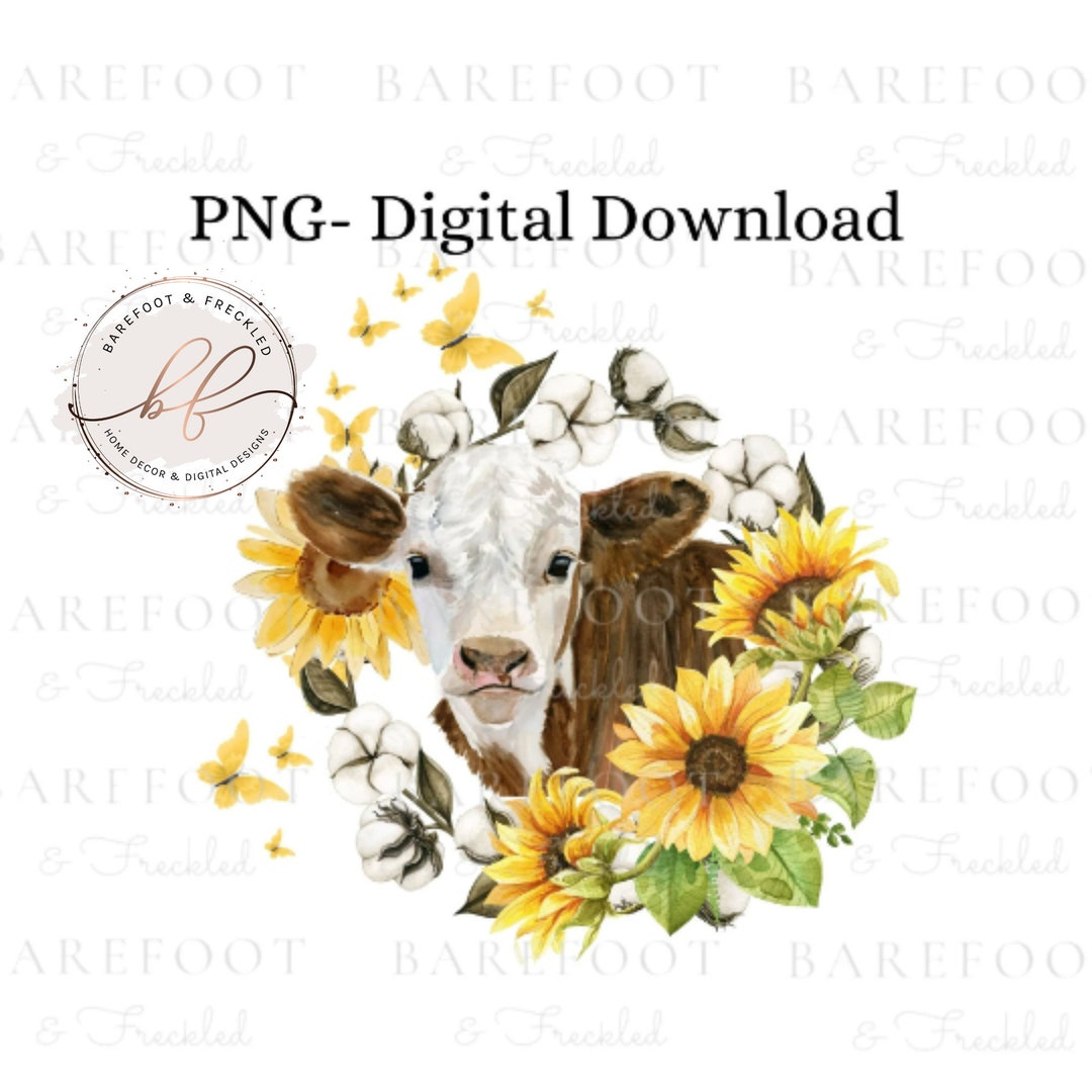 PNG- Cow With Sunflowers Cotton and Butterflies PNG Sublimation Design ...