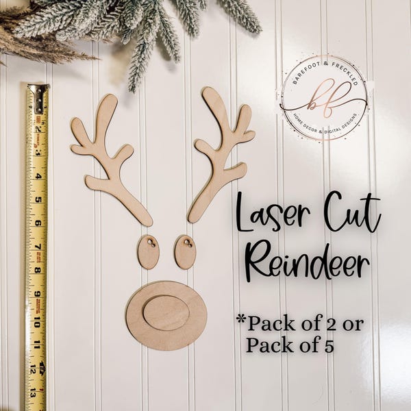 Laser Cut Wooden Reindeer Faces with Antlers, Wood Craft, Christmas DIY, Christmas Blanks, Face Blank