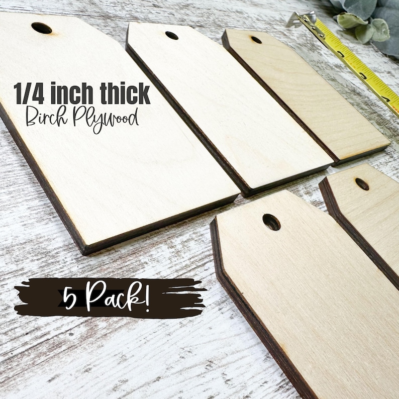 May include: Five unfinished wooden tags made of 1/4 inch thick birch plywood. Each tag has a hole at the top and a rounded edge. The tags are arranged in a staggered pattern on a light wood surface. The text "1/4 inch thick Birch Plywood" and "5 Pack!" is visible in the image.