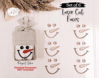 Set of 6 Laser Cut Wooden Snowman Faces, Wood Craft, Christmas Wood Blank, Snowman Face Craft Blanks, Holiday DIY