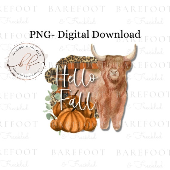 PNG- Hello Fall Highland Cow PNG Design for Sublimation on Tshirts/Crafts/Tumblers, Fall Cow Buffalo Check