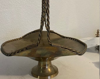 Vintage Solid Brass Basket With Braided Handle