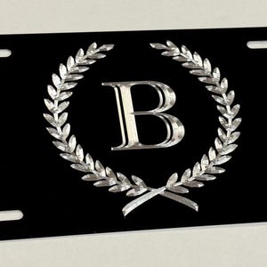 Engraved Custom Personalized Any Letter Wreath Crest License Plate Car Tag Diamond Etched on Aluminum Metal Weatherproof & Rustproof