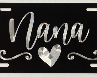 Engraved NANA License Plate Car Tag Diamond Etched on Black Aluminum Metal Weatherproof & Rustproof Grandma Gift