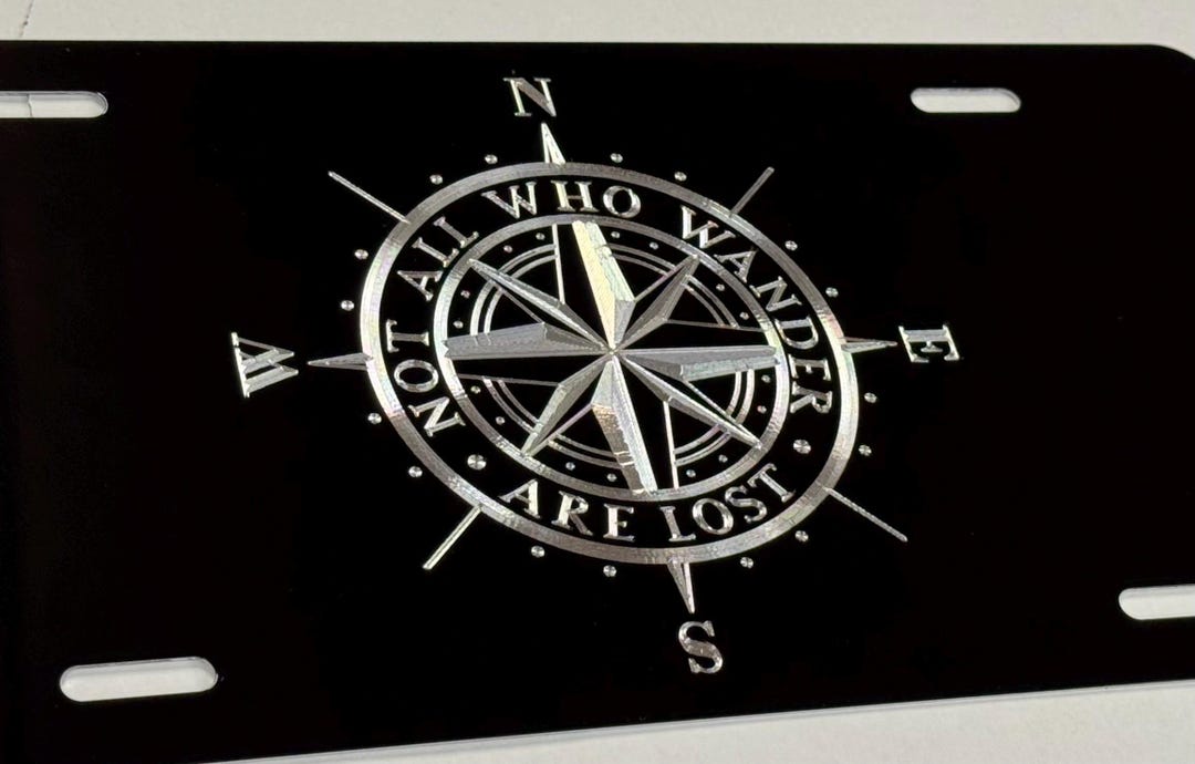 Diamond Etched Compass Car Tag: 