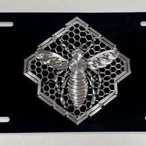 Bee Hive License Plate Car Tag Diamond Etched Engraved on Black Aluminum Metal Weatherproof Rustproof