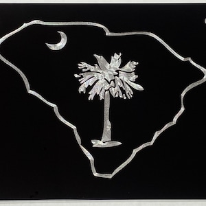 Engraved SC South Carolina State Palmetto Palm Tree License Plate Car Tag Diamond Etched on Black Aluminum Metal Weatherproof & Rustproof