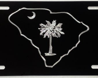 Engraved SC South Carolina State Palmetto Palm Tree License Plate Car Tag Diamond Etched on Black Aluminum Metal Weatherproof & Rustproof