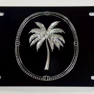 Palmetto Palm Tree License Plate Front Car Tag Diamond Etched Engraved on Black Aluminum Metal Weatherproof & Rustproof