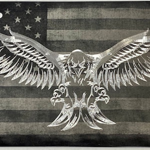 Laser Engraved American US Flag and Diamond Etched Eagle Patriotic  License Plate Black Car Tag Aluminum Metal Weatherproof & Rustproof