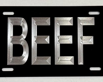 Placa de matrícula de carne de res, etiqueta frontal para automóvil grabada con diamante en metal de aluminio negro, resistente a la intemperie y al óxido
