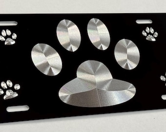 Dog Puppy Paw License Plate Car Tag Diamond Etched Engraved on Black Aluminum Metal