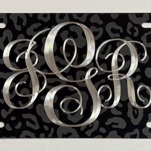 Leopard Custom Monogram License Plate Car Tag Diamond Etched Engraved on Aluminum Metal Weatherproof & Rustproof