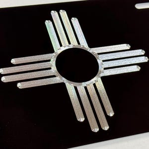 New Mexico NM State Flag License Plate Vanity Front Car Tag Diamond Etched / Engraved on Black Aluminum Metal Weatherproof & Rustproof