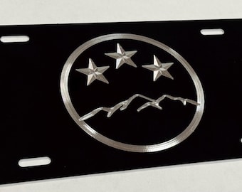 Tennessee TN State Flag Mountains License Plate Car Tag Diamond Etched Engraved on Black Metal Vanity Front Weatherproof & Rustproof