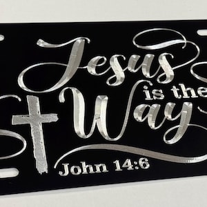 Placa de matrícula cristiana para coche con el lema "Jesús es el camino", grabada con diamantes en aluminio negro, resistente a la intemperie y al óxido.