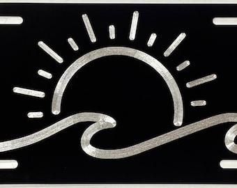 Sun Ocean Wave License Plate Vanity Front Car Tag Diamond Etched on Black Aluminum Metal Weatherproof & Rustproof Engraved Beach Gift