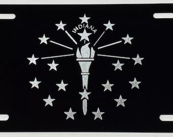 Indiana IN State Flag License Plate Car Tag Diamond Etched Engraved on Black Aluminum Metal Weatherproof & Rustproof