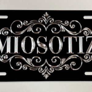 Custom Name Scroll License Plate Car Tag Diamond Etched Engraved on Aluminum Metal