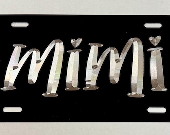 Placa de matrícula Mimi grabada, placa de coche personalizada con diseño de diamante grabado en aluminio negro, resistente a la intemperie y al óxido. Regalo para la abuela.