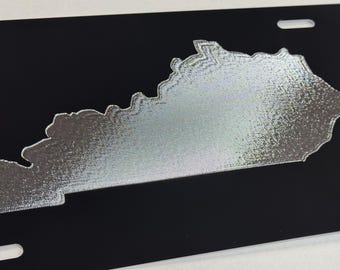 KY Kentucky State License Plate Car Tag Diamond Etched Engraved on Black Aluminum Metal Vanity Front Weatherproof & Rustproof
