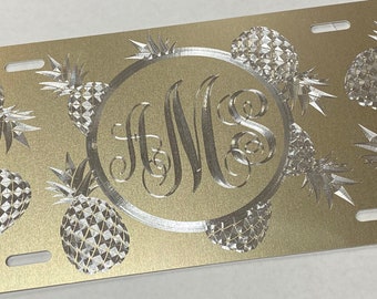 Pineapple Monogram License Plate Car Tag Front Vanity Diamond Etched Engraved on Gold Metal Weatherproof & Rustproof