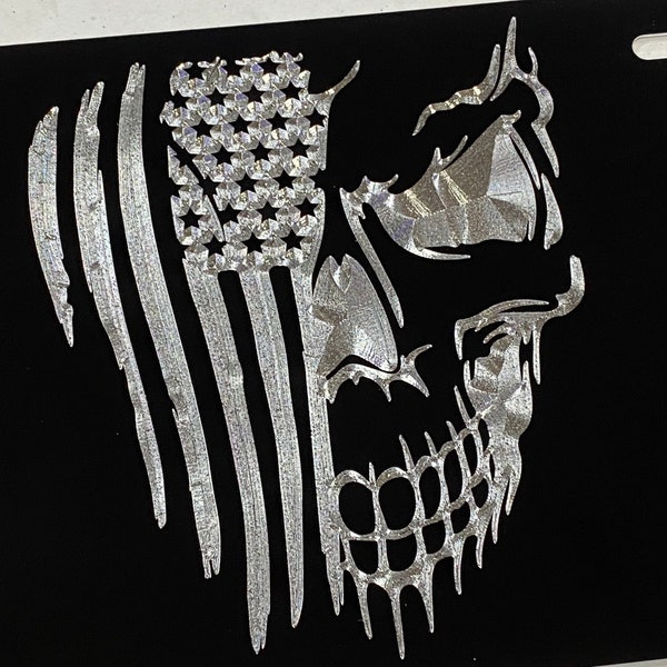 Engraved US USA American Flag Skull Patriotic Gift License Plate Car Tag Diamond Etched on Black Aluminum Metal Weatherproof & Rustproof