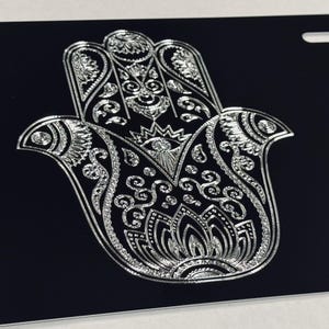 Engraved Hamsa Hand License Plate Car Tag Diamond Etched on Black Aluminum Metal Weatherproof & Rustproof
