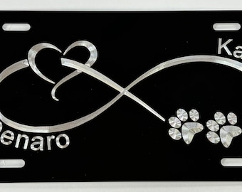 Custom Dog Paw Infinity License Plate Car Tag Diamond Etched Engraved on Black Aluminum Metal Weatherproof & Rustproof Dog Lover Gift