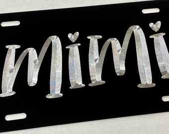 Engraved Mimi License Plate Front Vanity Car Tag Diamond Etched on Black Aluminum Metal Weatherproof & Rustproof Grandma Gift