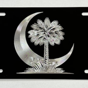 SC Palmetto Palm Tree Moon License Plate Car Tag Diamond Etched Engraved on Black Aluminum Metal Weatherproof & Rustproof