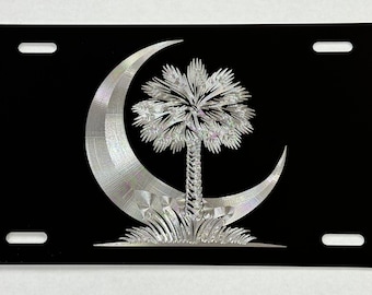 SC palmetto palmboom maan kentekenplaat autotag diamant geëtst gegraveerd op zwart aluminium metaal weerbestendig en roestvrij