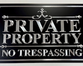 Private Property No Trespassing Sign Diamond Etched Engraved on Aluminum Metal Black 13x8 Outdoor Weatherproof Keep Out Warning House Sign