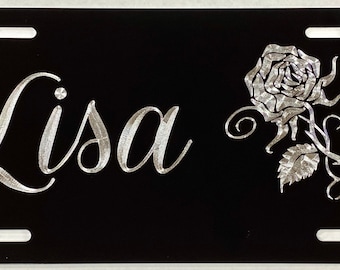 Rose License Plate Custom Engraved with Your Name or Text Personalized Car Tag Diamond Etched on Aluminum Metal Weatherproof & Rustproof