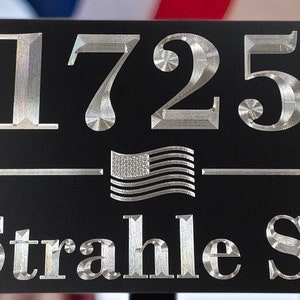 US Flag Engraved Personalized House Number Street Address Diamond Etched Aluminum Metal Black 10x7 Outdoor Patriotic Weatherproof Sign