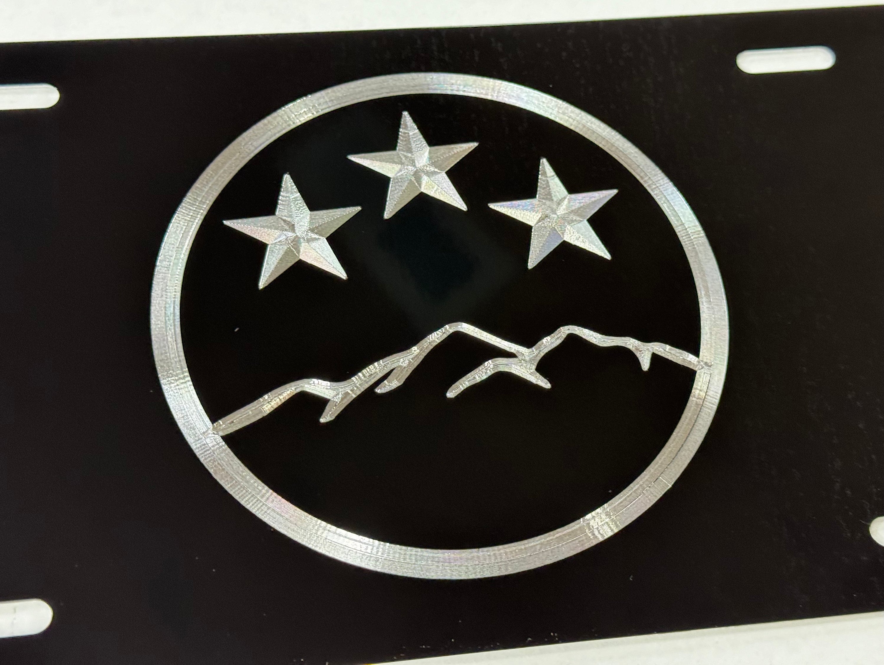 Tennessee TN State Flag Mountains License Plate Car Tag Diamond Etched Engraved on Black Metal Vanity Front Weatherproof & Rustproof