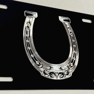 Horse Shoe Horseshoe License Plate Car Tag Diamond Etched Engraved on Black Aluminum Metal Weatherproof & Rustproof Gift