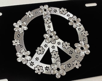 Flower Peace Sign License Plate Engraved Front Vanity Car Tag Silver Diamond Etched on Black Aluminum Metal Weatherproof & Rustproof