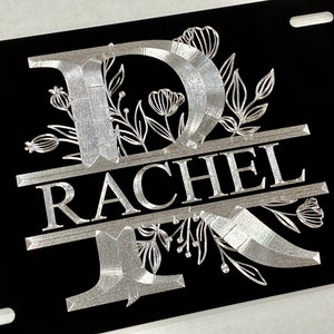 Diamond Etched Personalized License Plate: Floral Monogram Car Tag