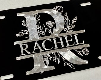 Engraved Custom Personalized YOUR Name Flowers Initial Monogram License Plate Vanity Front Car Tag Diamond Etched Weatherproof & Rustproof