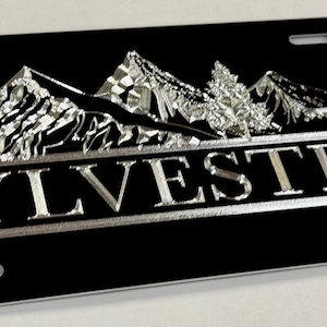 Custom Mountains License Plate Car Tag Diamond Etched Engraved on Black Aluminum Metal Weatherproof & Rustproof